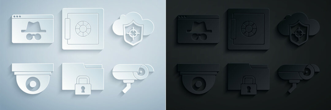 Set Folder and lock, Cloud shield, Security camera, Safe and Browser incognito window icon. Vector