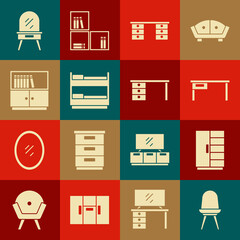 Set Chair, Wardrobe, Office desk, Bunk bed, Library bookshelf, Dressing table and icon. Vector