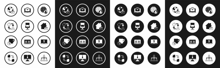 Fototapeta premium Set Freelancer, Office chair, Online working, Mute microphone on laptop and Time management icon. Vector