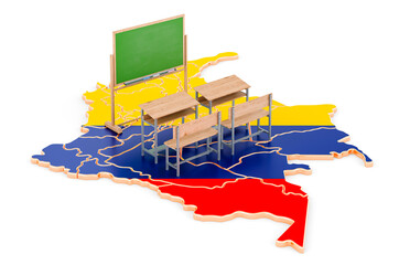 Education in Colombia, concept. School desks and blackboard on Colombia map. 3D rendering