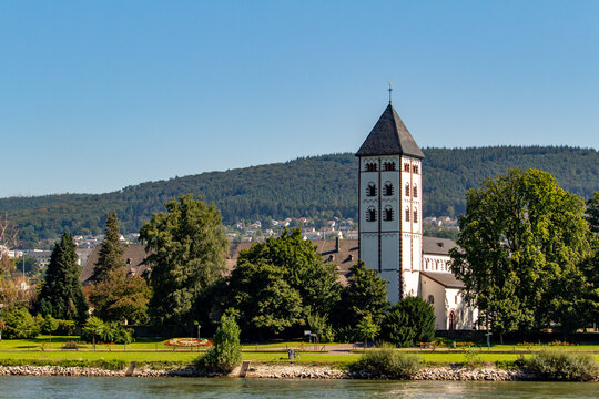 Johanniskirche landscape view along the upper middle Rhine River in Lahnstein, Germany. Also called St. John&rsquo;s Catholic Church.