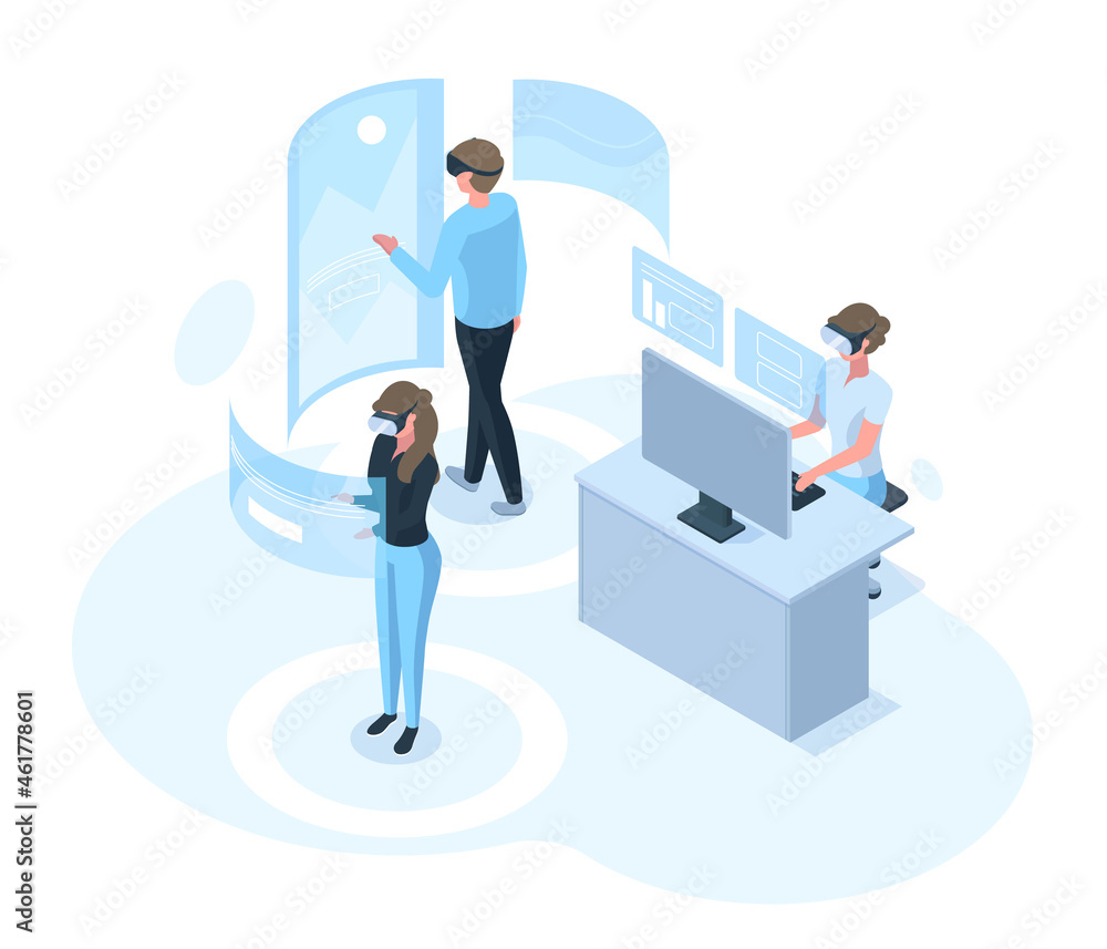 Aufkleber isometric characters in futuristic virtual reality simulation world. people wearing virtual reality 