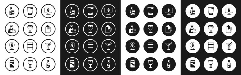 Set Alcohol or beer bar location, Wine glass, Whiskey bottle and, Beer can, Wooden mug, Shot, Martini and icon. Vector