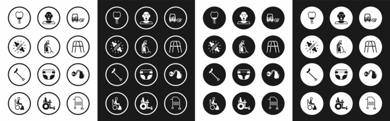 Set Disabled car, Grandmother, Joint pain, knee pain, Dental implant, Walker, Head of deaf dumb, Hearing aid and Walking stick cane icon. Vector