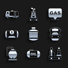Set Propane gas tank, Oil storage, platform in the sea, tanker ship, Gas vehicle, Location and station and Tanker truck icon. Vector