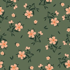 Seamless vintage pattern. Wonderful light orange flowers on a green background. vector texture. fashionable print for textiles, wallpaper and packaging.
