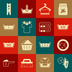 Set Electric iron, Washer, Temperature wash, Towel hanger, Drying clothes, Clothes pin and stack icon. Vector