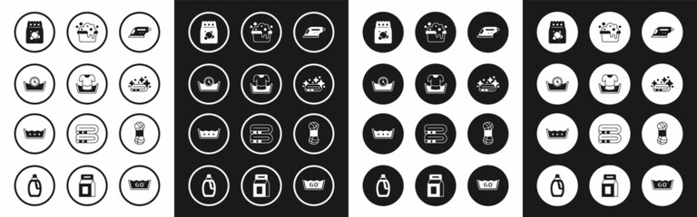 Set Electric iron, Basin with shirt, Time wash, Laundry detergent, Towel stack, soap suds, Yarn and Temperature icon. Vector