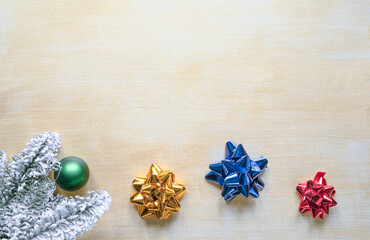 Christmas background with space for text, Christmas tree, Christmas decorations, painted background, photo taken from above