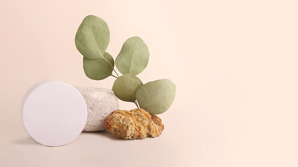 Composition from the natural materials and round cosmetics box near it.Copy space for text or...