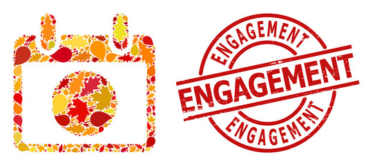 Atomic Calendar Page collage icon created for fall season, and Engagement dirty stamp seal. Vector atomic calendar page mosaic is created from random fall maple and oak leaves.