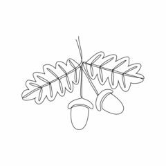 Abstract branch with leaves and acorns in one line art drawing style. Black line sketch on white background. Vector illustration. Art design for prints, posters, clothes.
