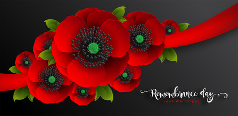 Remembrance day lest we forget. realistic red poppy flower international symbol of peace with paper cut art and craft style on color background.