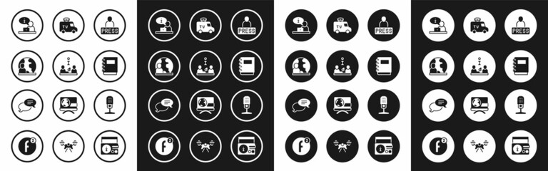 Set Journalist news, Interview, World, Television report, Notebook, TV News car, Microphone and Speech bubble chat icon. Vector