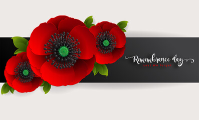 Remembrance day lest we forget. realistic red poppy flower international symbol of peace with paper cut art and craft style on color background. - obrazy, fototapety, plakaty