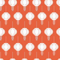 Seamless pattern with white chinese lanterns on red background. Vector illustration for wrapping papers, wallpapers and fabrics print.