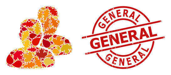 Users mosaic icon combined for fall season, and General textured stamp. Vector users mosaic is formed of randomized autumn maple and oak leaves. Red stamp includes General title inside circle form.