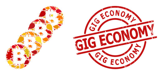 Bitcoin Coin Blockchain mosaic icon combined for fall season, and Gig Economy dirty stamp imitation. Vector bitcoin coin blockchain mosaic is shaped with scattered autumn maple and oak leaves.