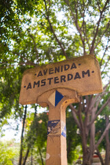 Amsterdam avenue sign with blurry tree as background