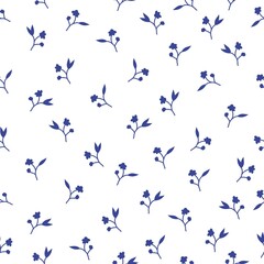 Seamless vintage pattern abstract. small blue flowers and leaves on a white background. vector texture. trend print for textiles, wallpaper and packaging.
