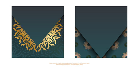 Greeting Brochure with gradient green color with mandala gold pattern for your design.