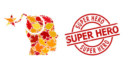 Bomb Idea collage icon done for fall season, and SUPER HERO scratched stamp seal. Vector bomb idea mosaic is organized of random autumn maple and oak leaves.