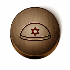 Brown line Jewish kippah with star of david icon isolated on white background. Jewish yarmulke hat. Wooden circle button. Vector