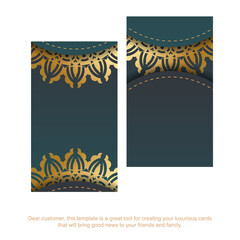 Business card with a gradient of green color with a mandala gold ornament for your contacts.
