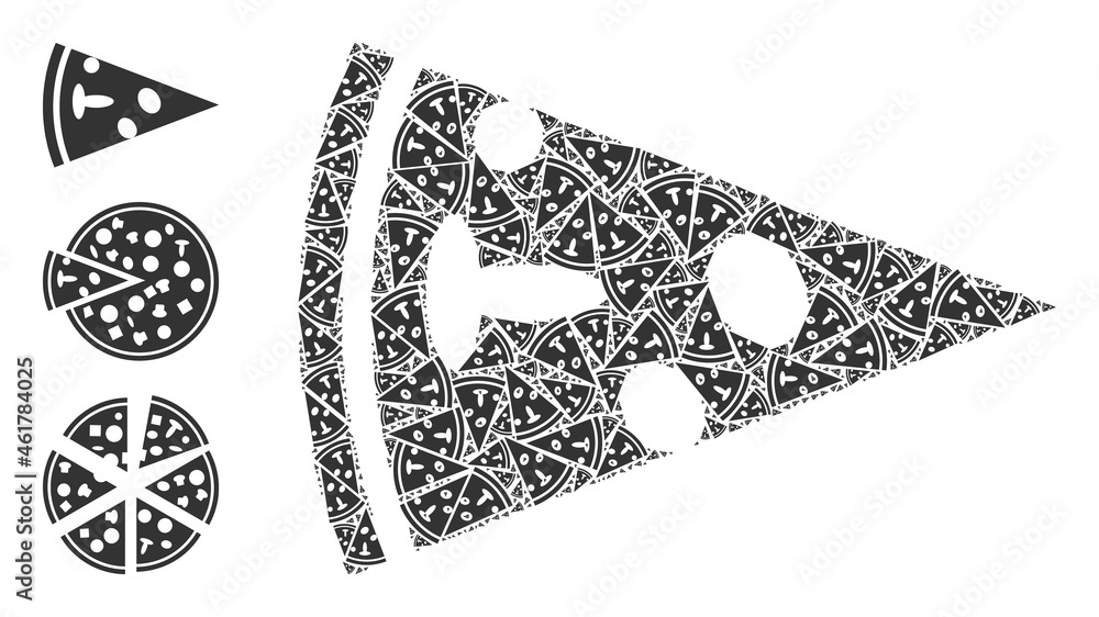 Poster itself fractal mosaic pizza piece. vector pizza piece mosaic is designed from repeating fractal pizz