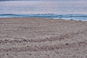 Union of a defocused sea with a recently leveled sand shore, where the furrows that direct the gaze towards the sea with purple tints of sunrise can still be seen