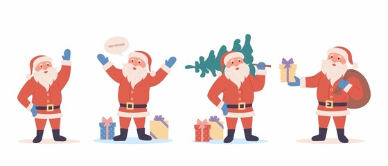 Set of cartoon Santa Claus character. Happy Santa Claus character with gift, bag, Christmas tree, waving hands. For Christmas cards, banners, tags and labels. Flat Santa Claus illustration