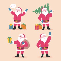 Set of cartoon Santa Claus character. Happy Santa Claus character with gift, bag, Christmas tree, waving hands. For Christmas cards, banners, tags and labels. Flat Santa Claus illustration