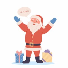 Presents and artoon funny Santa waving hand and say Hohoho isolated on white background. The Symbol Of Christmas. Illustration for Christmas and new year promotions, sales, advertising and parties.