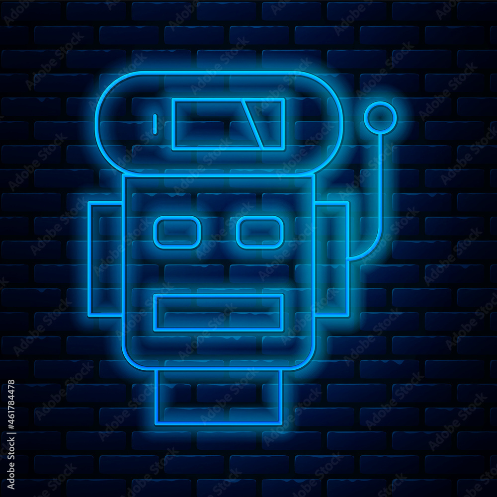 Aufkleber glowing neon line robot low battery charge icon isolated on brick wall background. artificial intell