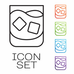 Black line Glass of whiskey and ice cubes icon isolated on white background. Set icons colorful. Vector