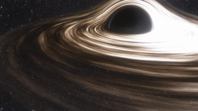 Animation of supermassive black hole. Accretion disk of matter on the event horizon of black hole. Space, light and time are distorted by strong gravity on the event horizon