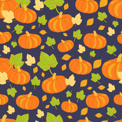 Seamless pattern with hand drawn pumpkins and leaves.