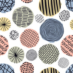 Vector seamless pattern with round textured elements for posters, prints, textile, fabric. Hand drawn contemporary trendy doodle shapes with stripes, dots, lines, curves, waves.