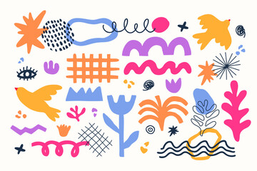 Vector set of modern abstract geometric shapes in aesthetic Matisse art style. Creative hand drawn contemporary doodle elements: flowers, plants, birds, zigzag, lines, for fashion, print, posters