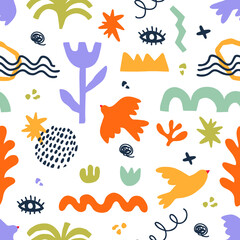 Vector seamless pattern with abstract geometric shapes in aesthetic Matisse style. Creative hand drawn contemporary doodle elements: flowers, plants, birds, zigzag, lines, for fashion, print, posters