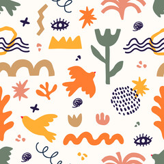 Vektornahtloses Muster mit abstrakten geometrischen Formen im ästhetischen Matisse-Stil. Kreative handgezeichnete zeitgenössische Doodle-Elemente: Blumen, Pflanzen, Vögel, Zickzack, Linien, für Mode, Druck, Poster