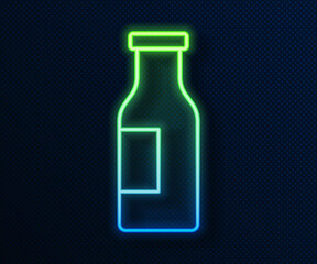 Glowing neon line Closed glass bottle with milk icon isolated on blue background. Vector