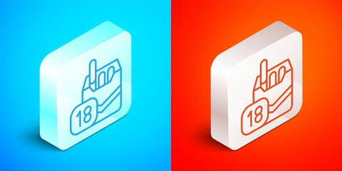 Isometric line Cigarettes pack box icon isolated on blue and red background. Age limit for cigarettes. Cigarettes pack. Silver square button. Vector