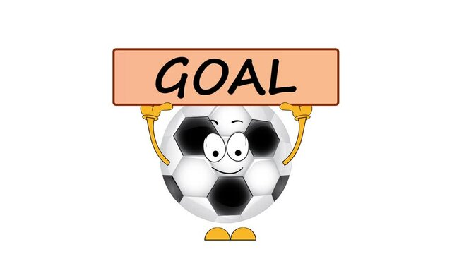 Football cartoon ball with a goal sign. Animation on a white background.