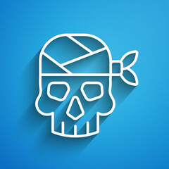 White line Pirate captain icon isolated on blue background. Long shadow. Vector
