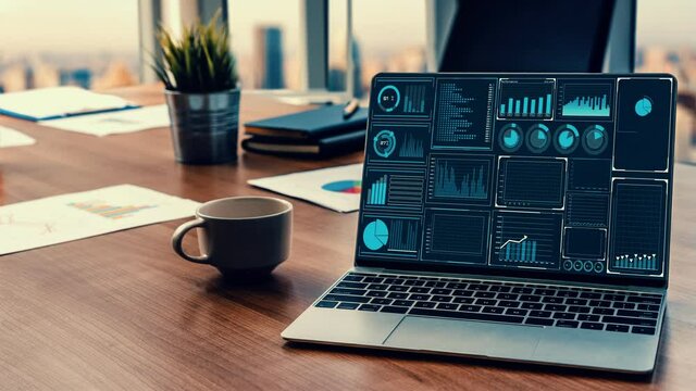 Business intelligence technology and big data analytic mixed media showing concept of futuristic information report using computer software to analyze strategic investment advice for decision making .