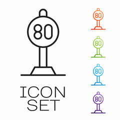 Black line Speed limit traffic sign 80 km icon isolated on white background. Set icons colorful. Vector