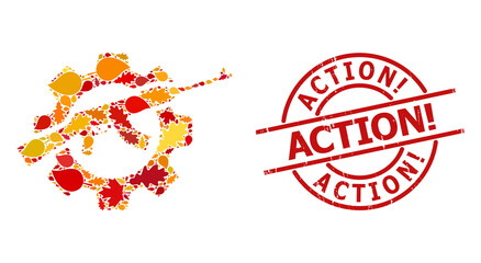 Fototapeta premium Weapon Industry mosaic icon designed for fall season, and ACTION! dirty stamp seal. Vector weapon industry mosaic is designed from randomized autumn maple and oak leaves.