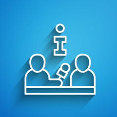 White line Interview with a famous person icon isolated on blue background. Television or internet broadcast where a journalist talks to a celebrity. Long shadow. Vector