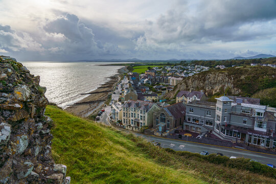 view from Castell Criccieth situated on headland between two beaches in Criccieth, Gwynedd, North Wales, on a rocky peninsula overlooking Tremadog Bay